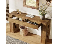 Mesa de Consola de 160 cm de Comprimento, Mesa de Entrada Rural com 2 Gavetas e Pernas em Forma de X