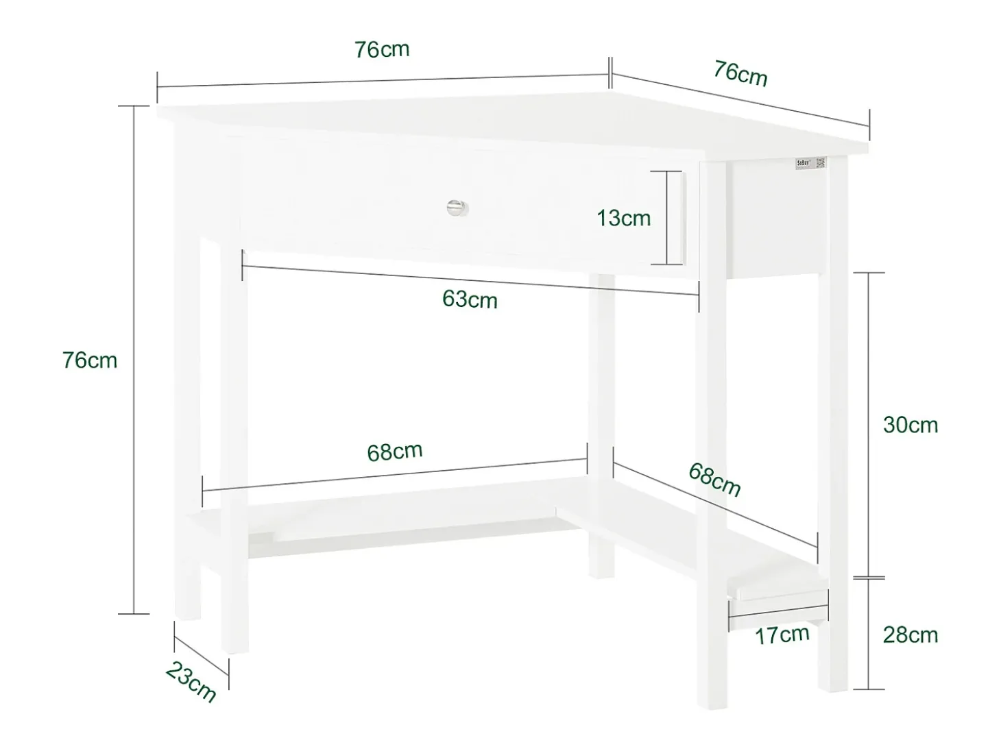 Mesa de consola de canto branca SoBuy com gaveta, triângulo FWT31-W
