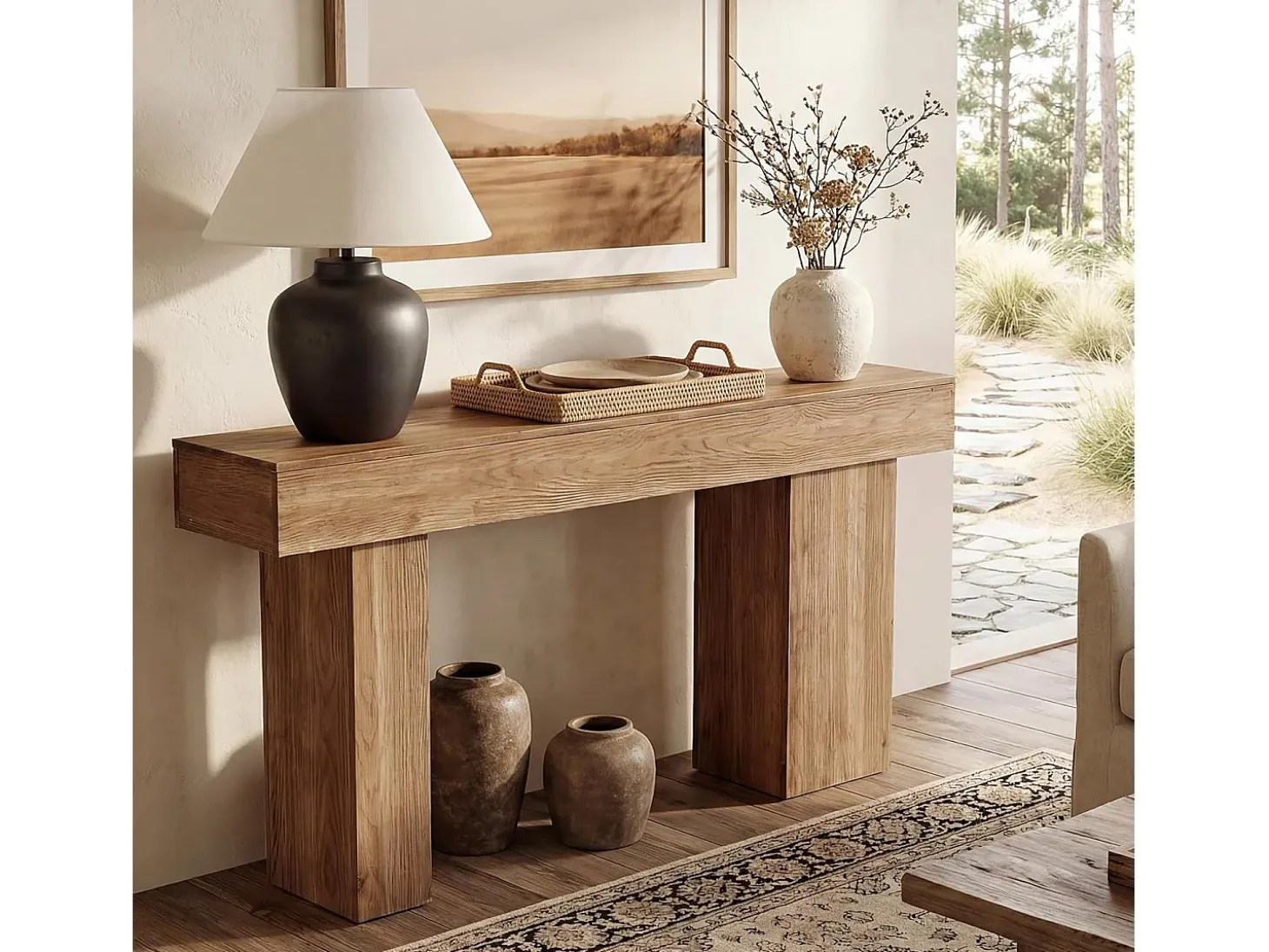 Mesa de Consola de Madeira Sólida, Mesa de Sofá Rural de 160cm Atrás do Sofá com Pernas Artísticas