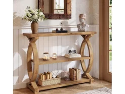 Mesa de Consola de Madeira Sólida para Entrada e Sala de Estar, Mesa de Sofá de Madeira Rústica com Design Lateral em Forma de Cauda de Peixe, 3 Camadas