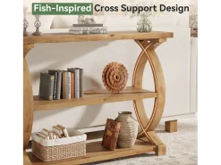 Mesa de Consola de Madeira Sólida para Entrada e Sala de Estar, Mesa de Sofá de Madeira Rústica com Design Lateral em Forma de Cauda de Peixe, 3 Camadas