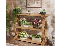 Mesa de Consola de Madeira Sólida para Entrada e Sala de Estar, Mesa de Sofá de Madeira Rústica com Design Lateral em Forma de Cauda de Peixe, 3 Camadas