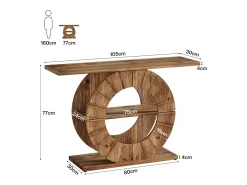 Mesa de Consola de Madeira Sólida com Armazenamento, Mesa de Sofá Rural com 3 Prateleiras e Base Circular Gravada