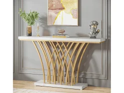 Mesa de Consola Dourada - 150 x 29,5 x 80 cm - Moderna - com Perna em Metal em Forma de Grade - para Entrada, Corredor, Hall de Entrada, Sala de Estar (Branco)