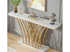 Mesa de Consola Dourada - 150 x 29,5 x 80 cm - Moderna - com Perna em Metal em Forma de Grade - para Entrada, Corredor, Hall de Entrada, Sala de Estar (Branco)