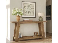 Mesa de Consola em Madeira Sólida de 160cm, Mesa de Entrada Rural com Prateleira de 2 Níveis