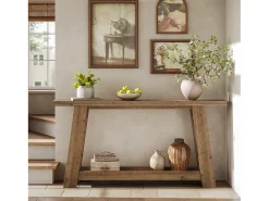 Mesa de Consola em Madeira Sólida de 160cm, Mesa de Entrada Rural com Prateleira de 2 Níveis