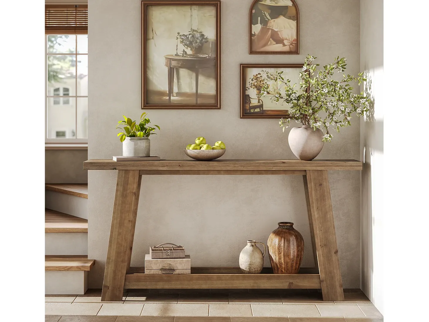 Mesa de Consola em Madeira Sólida de 160cm, Mesa de Entrada Rural com Prateleira de 2 Níveis