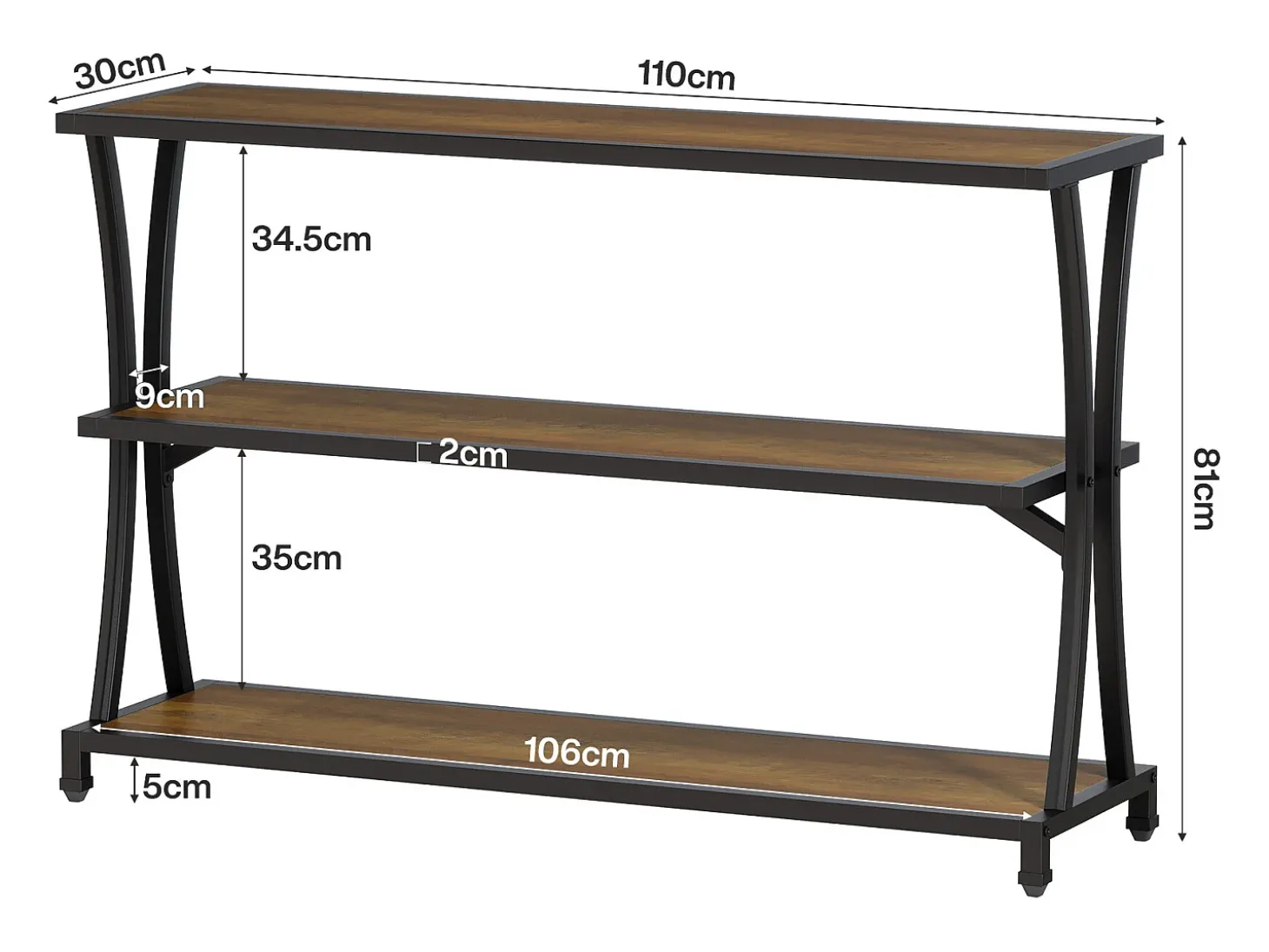 Mesa de Consola Industrial de 3 Camadas, Mesa de Sofá Rustica para Entrada Estreita com Prateleiras de Armazenamento