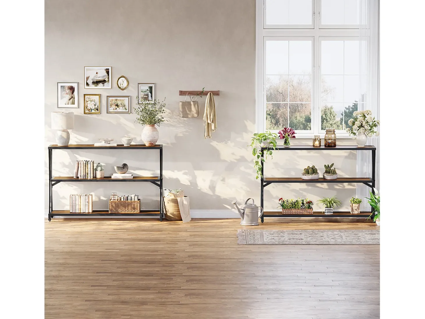 Mesa de Consola Industrial de 3 Camadas, Mesa de Sofá Rustica para Entrada Estreita com Prateleiras de Armazenamento