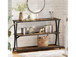 Mesa de Consola Industrial de 3 Camadas, Mesa de Sofá Rustica para Entrada Estreita com Prateleiras de Armazenamento