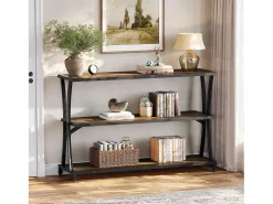 Mesa de Consola Industrial de 3 Camadas, Mesa de Sofá Rustica para Entrada Estreita com Prateleiras de Armazenamento