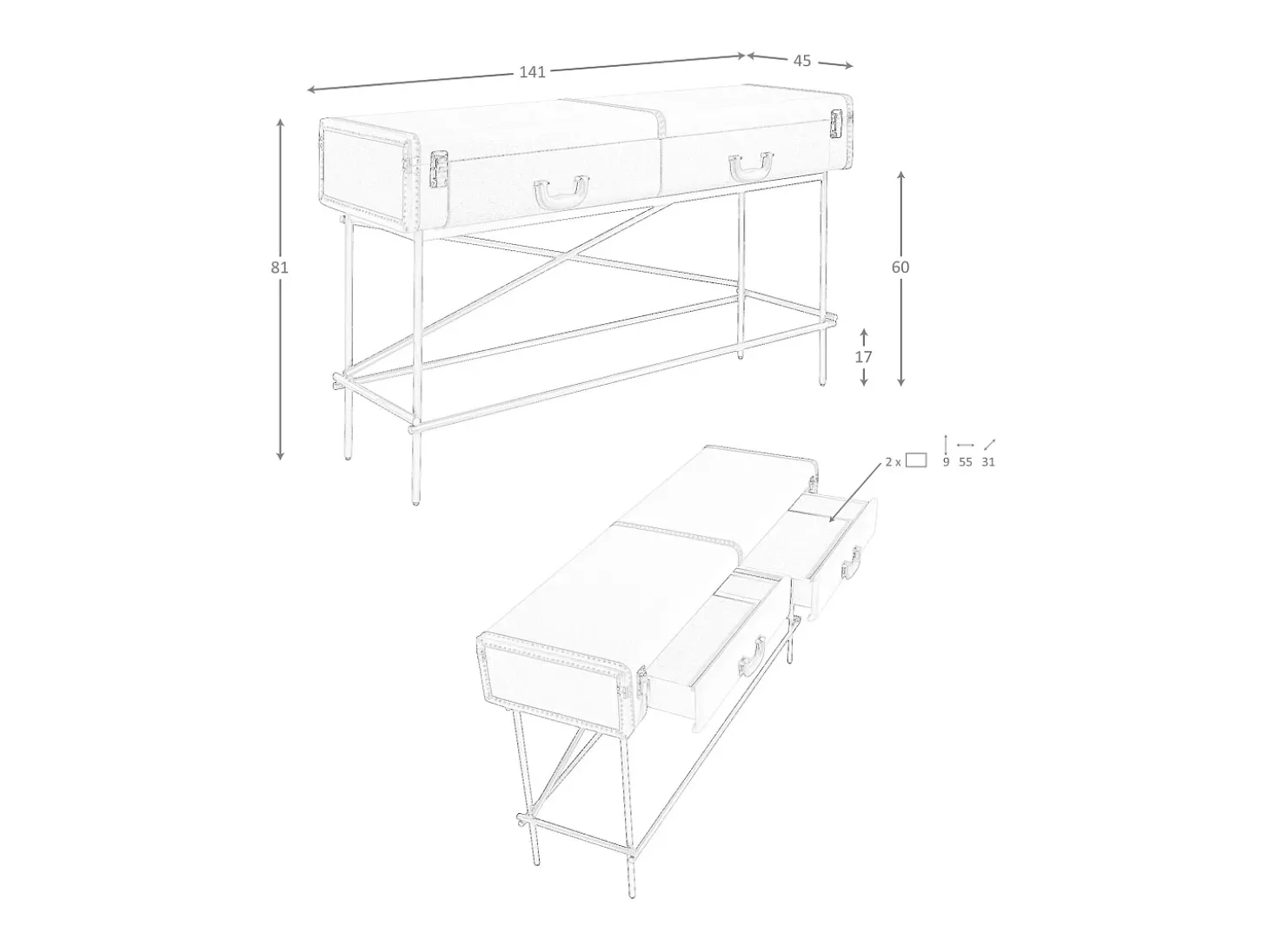 Mesa de consola retangular, tecido, nogueira e aço polido dourado 3271 ANGEL CERDA
