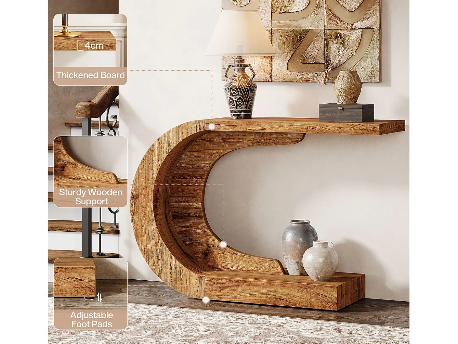 Mesa de Consola Rural para Entrada, Mesa de Sofá Rustica em Forma de C Única Atrás do Sofá