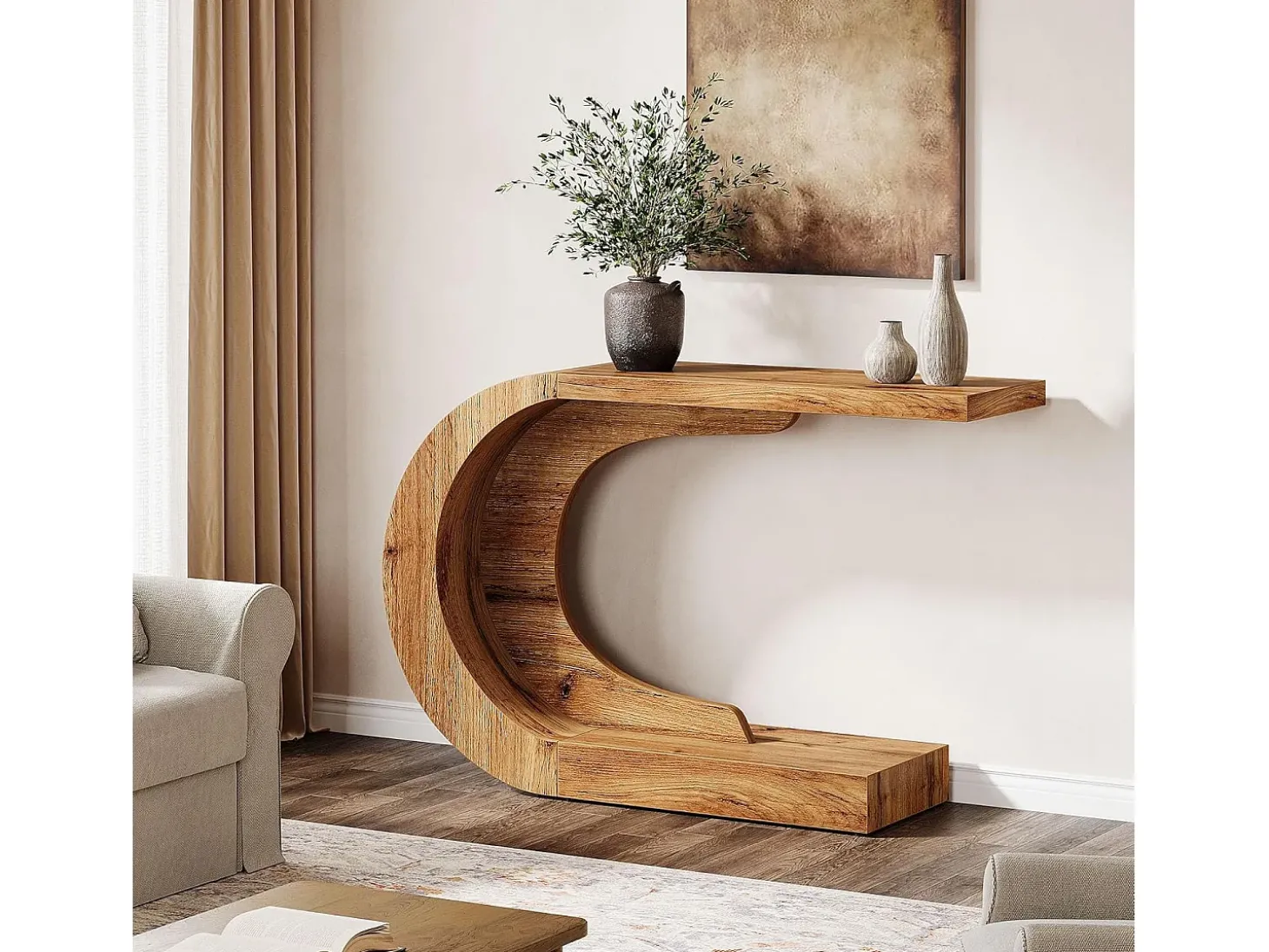 Mesa de Consola Rural para Entrada, Mesa de Sofá Rustica em Forma de C Única Atrás do Sofá