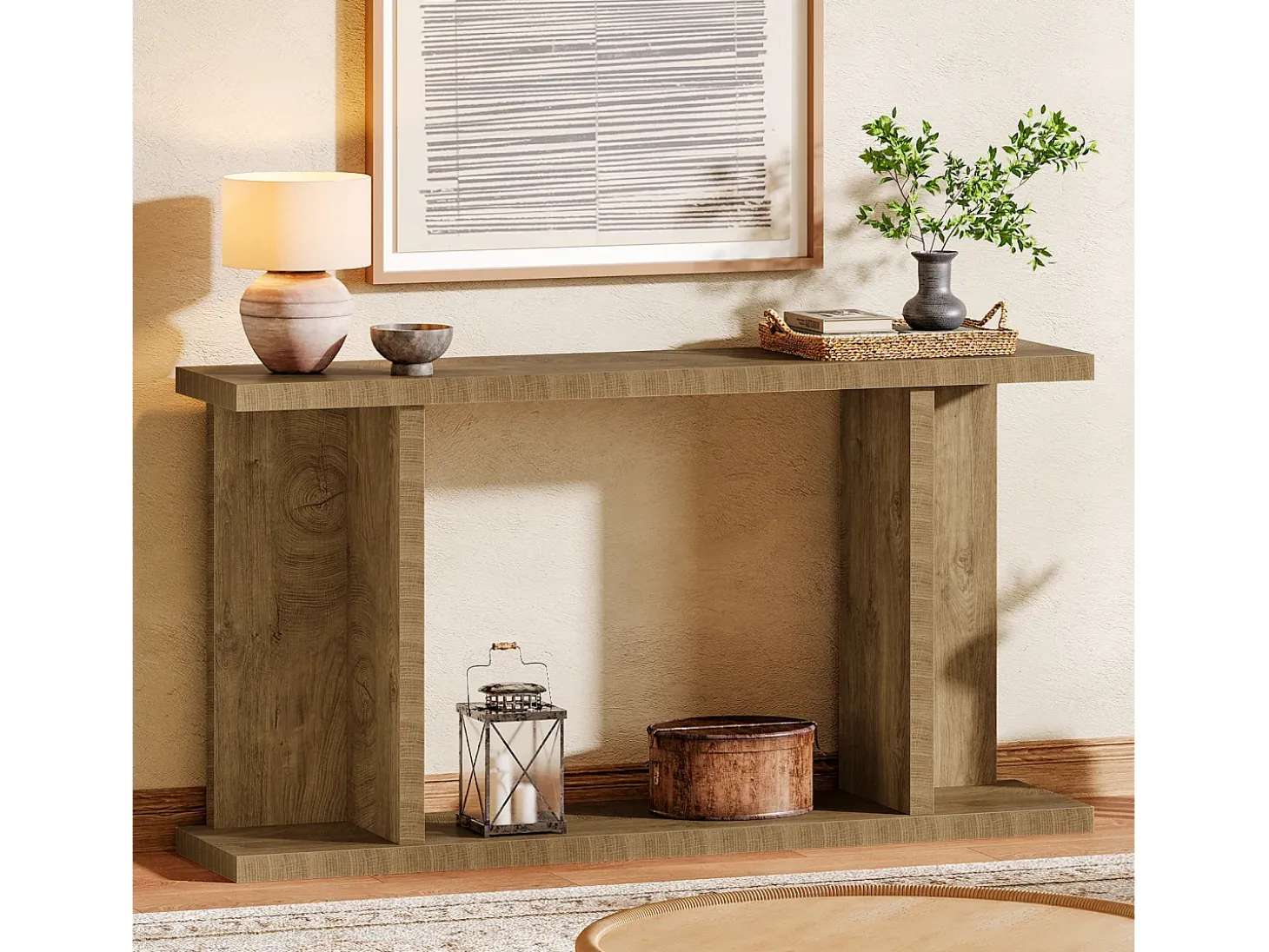 Mesa de Console 160 x 30 x 85 cm Mesa de Sala de Estar com Base em Forma de U 2 Andares