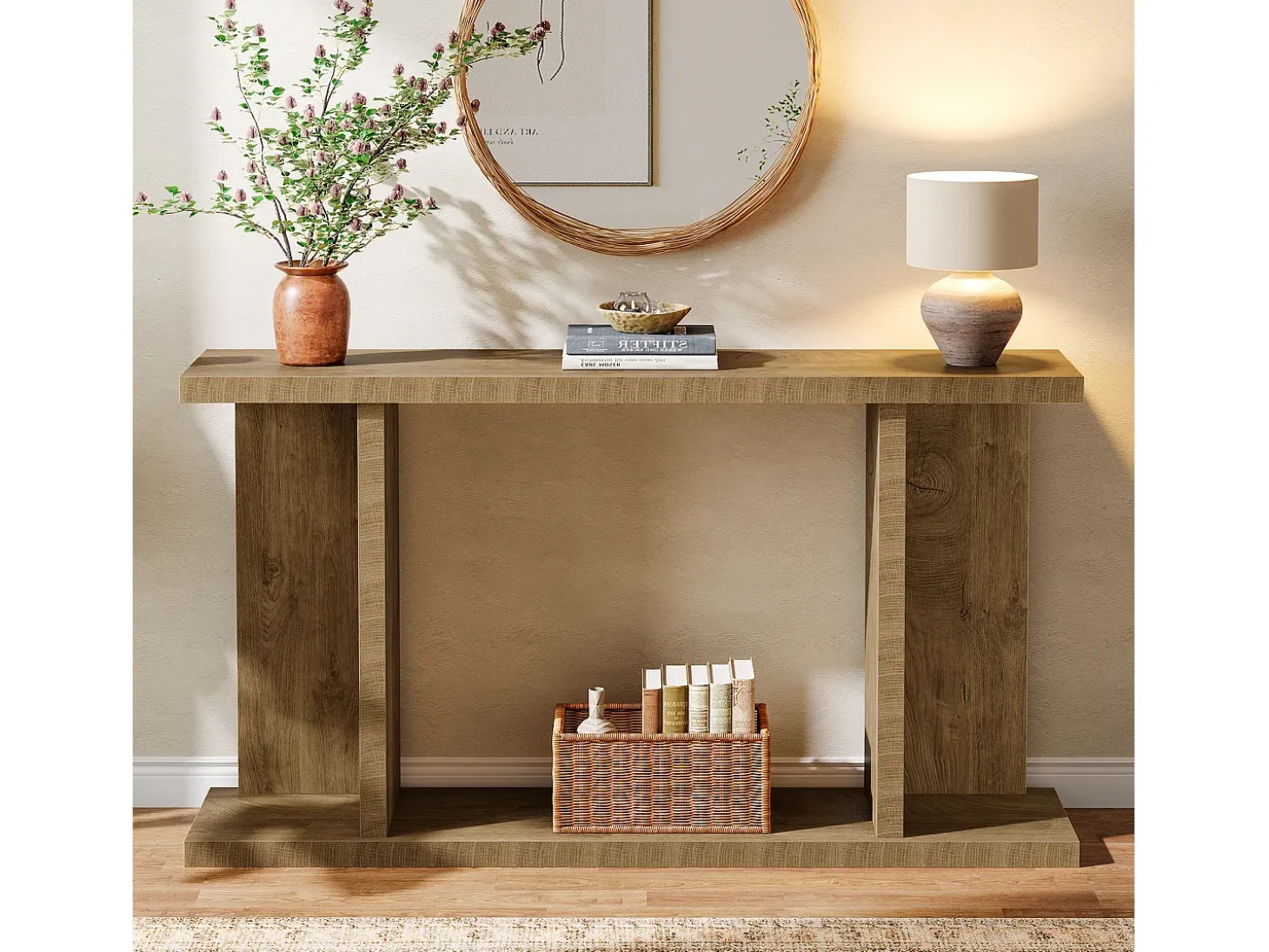 Mesa de Console 160 x 30 x 85 cm Mesa de Sala de Estar com Base em Forma de U 2 Andares