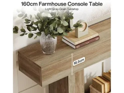 Mesa de Console 160cm, Mesa de Entrada de 2 Andares Rural, Mesa de Sofá, Mesa atrás do Sofá, Cinza