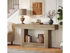 Mesa de Console 160cm, Mesa de Entrada de 2 Andares Rural, Mesa de Sofá, Mesa atrás do Sofá, Cinza