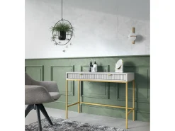 Mesa de console com 2 gavetas e pés de metal dourado 104x78 cm