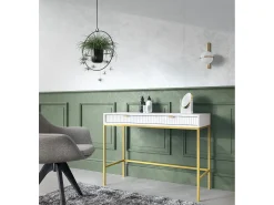 Mesa de console com 2 gavetas e pés de metal dourado 104x78 cm