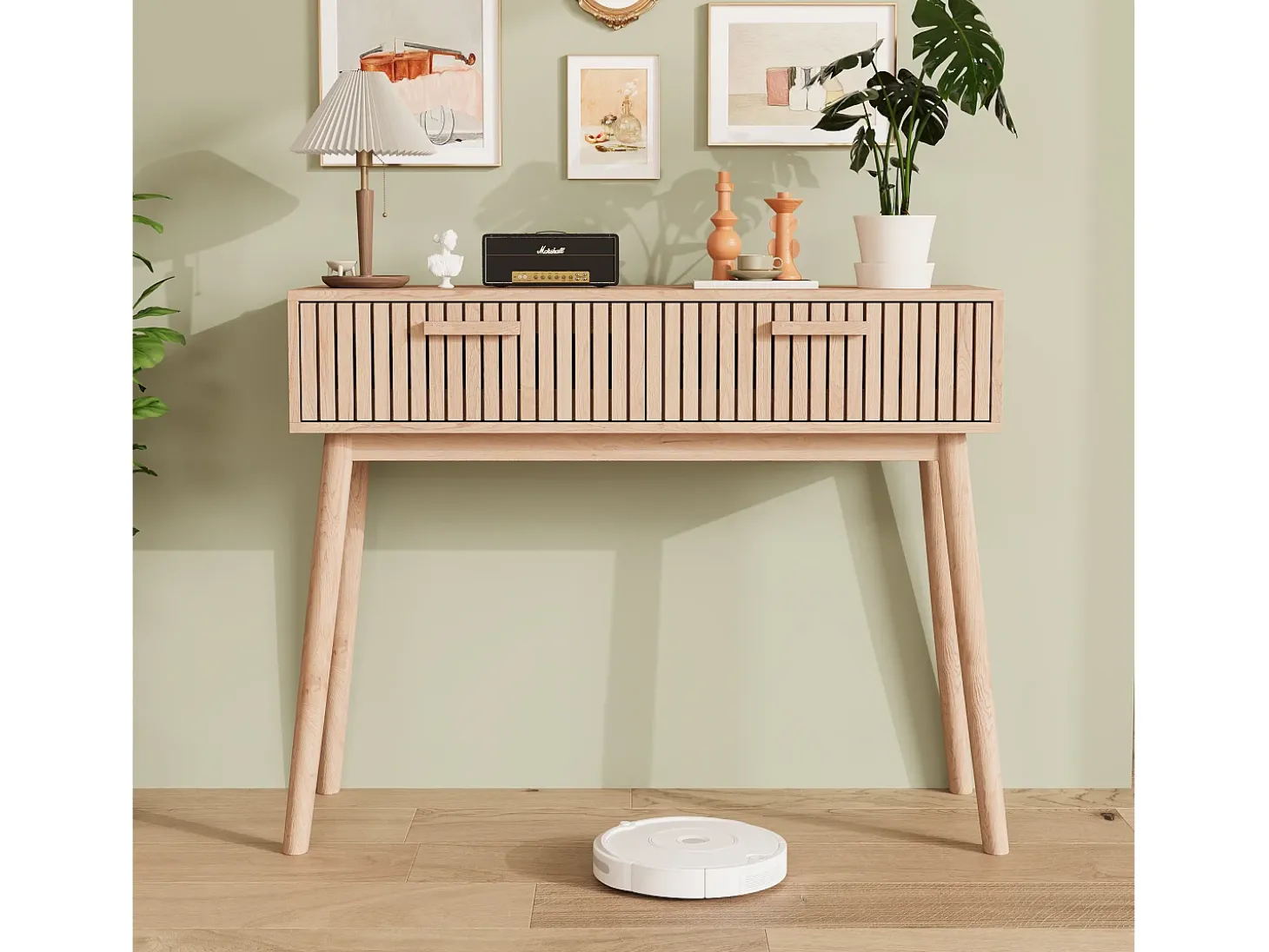 Mesa de console com 2 gavetas com efeito de madeira e tiras