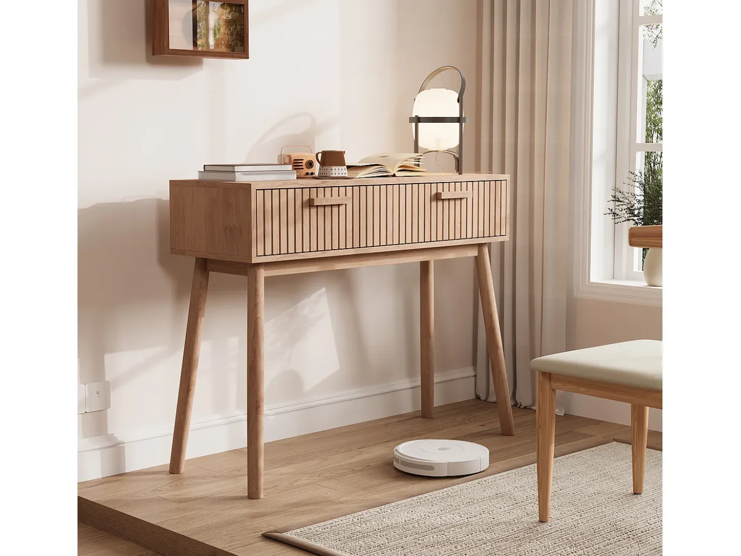Mesa de console com 2 gavetas com efeito de madeira e tiras