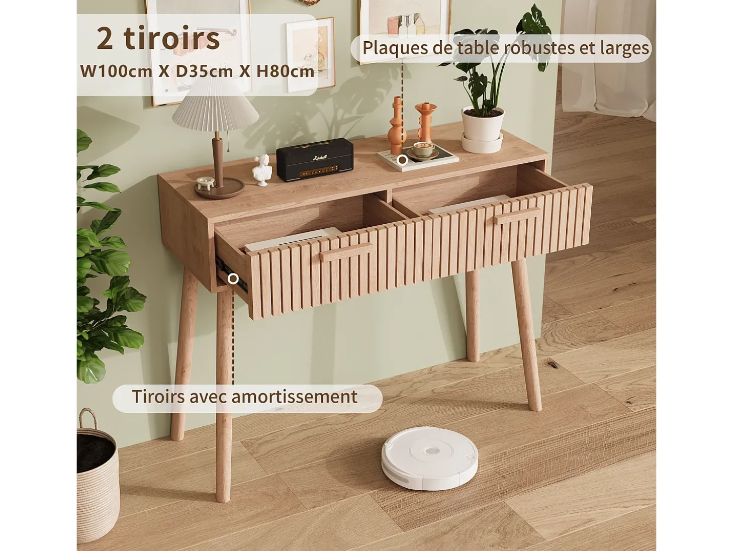 Mesa de console com 2 gavetas com efeito de madeira e tiras