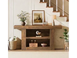 Mesa de Console com Armazenamento, Mesa de Entrada Rural de 3 Andares com Base em Forma de U, 160cm