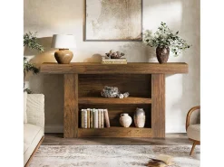 Mesa de Console com Armazenamento, Mesa de Entrada Rural de 3 Andares com Base em Forma de U, 160cm