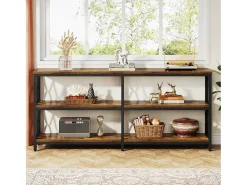 Mesa de Console com Prateleiras de Armazenamento, Mesa de Sofá Industrial de 180cm com 3 Andares para Sala de Estar