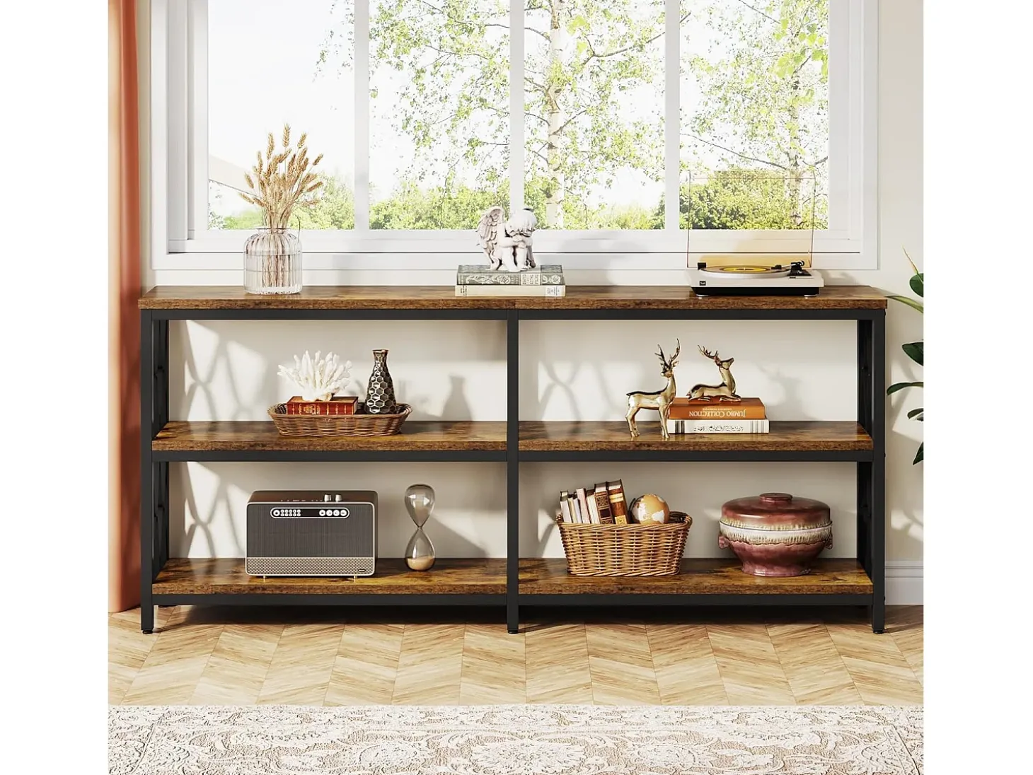 Mesa de Console com Prateleiras de Armazenamento, Mesa de Sofá Industrial de 180cm com 3 Andares para Sala de Estar