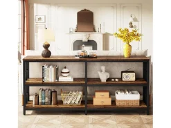 Mesa de Console com Prateleiras de Armazenamento, Mesa de Sofá Industrial de 180cm com 3 Andares para Sala de Estar