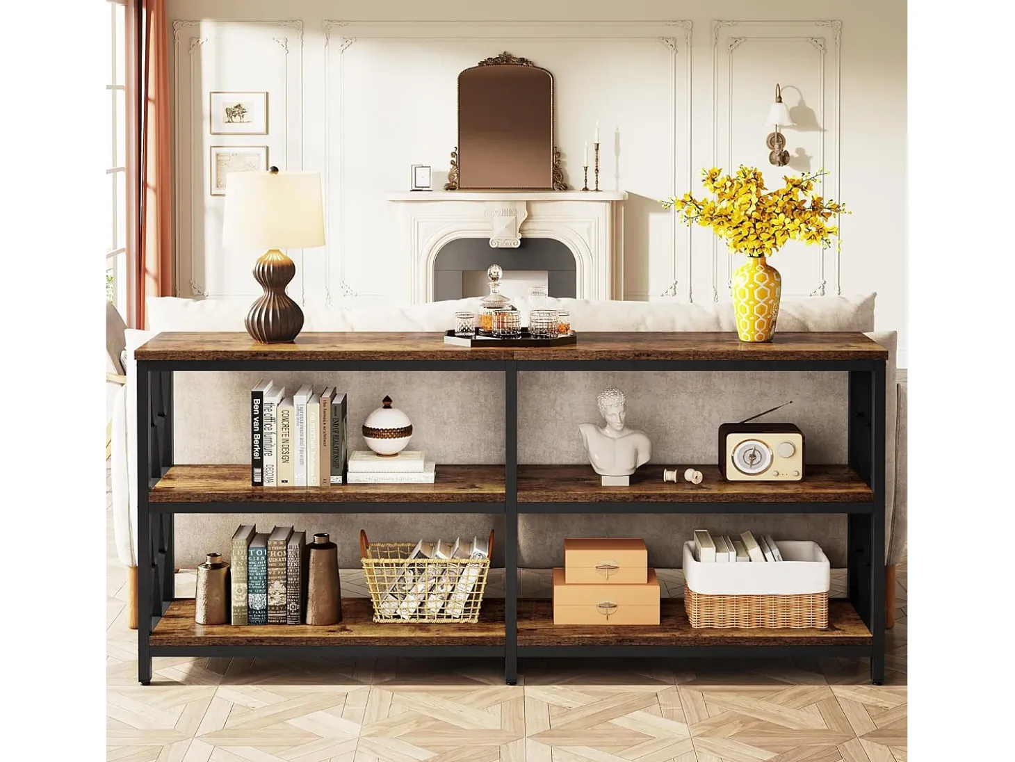 Mesa de Console com Prateleiras de Armazenamento, Mesa de Sofá Industrial de 180cm com 3 Andares para Sala de Estar