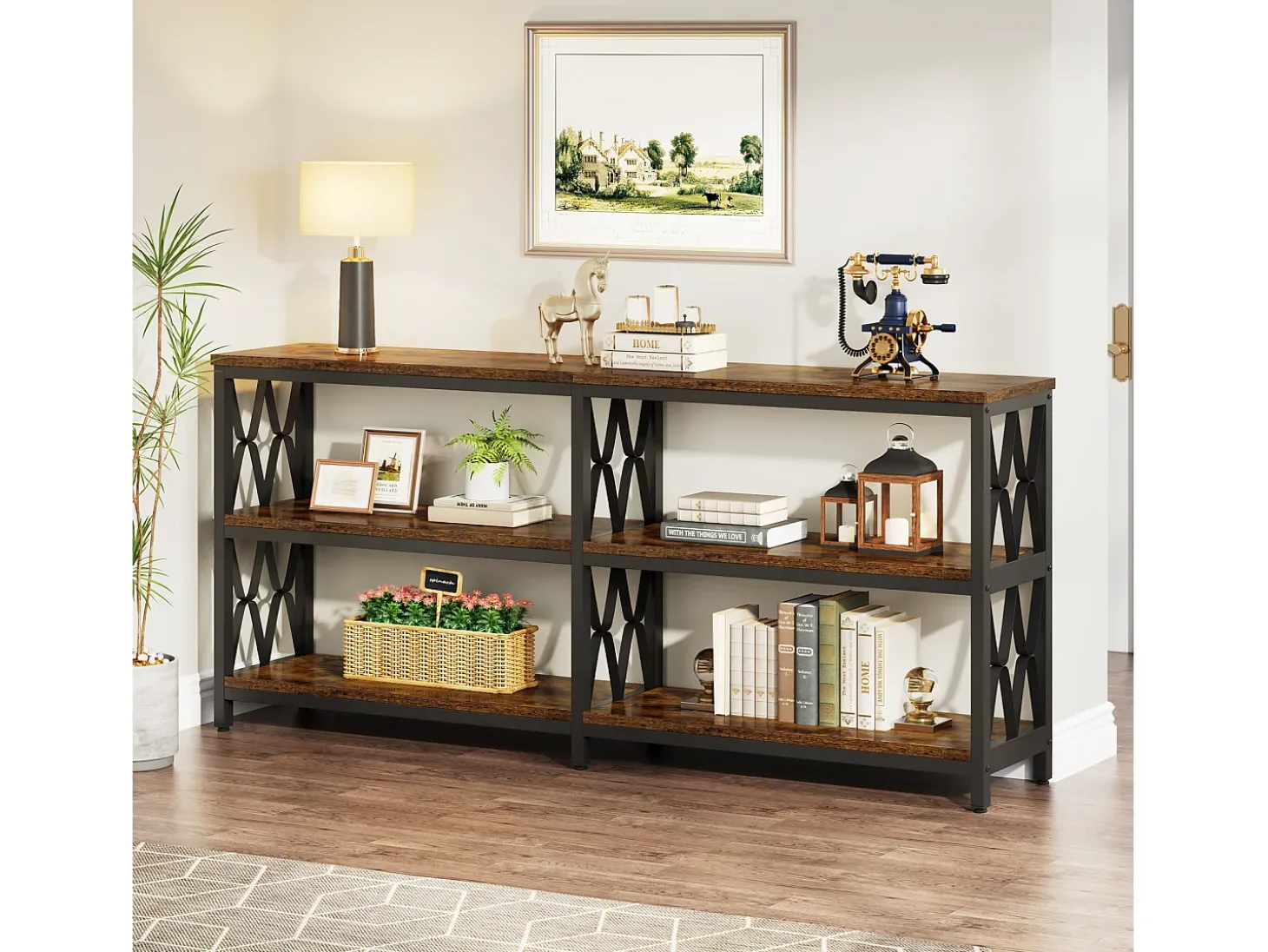 Mesa de Console com Prateleiras de Armazenamento, Mesa de Sofá Industrial de 180cm com 3 Andares para Sala de Estar