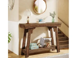 Mesa de console de 105 cm com armazenamento, 2 níveis em madeira, com prateleira, gaveta estreita, mesa para trás do sofá para sala de estar, marrom rústico