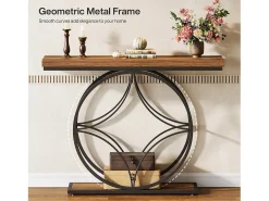 Mesa de console de 120 cm, Mesa para sofá industrial de dois níveis com estrutura metálica geométrica, Mesas estreitas para entrada decorativas