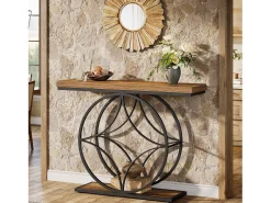 Mesa de console de 120 cm, Mesa para sofá industrial de dois níveis com estrutura metálica geométrica, Mesas estreitas para entrada decorativas