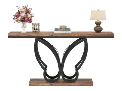Mesa de console de 140 cm, Mesa de entrada com moldura em metal em formato de borboleta, Mesa de sofá, Mesas auxiliares longas e estreitas, Marrom e Preto
