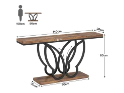 Mesa de console de 140 cm, Mesa de entrada com moldura em metal em formato de borboleta, Mesa de sofá, Mesas auxiliares longas e estreitas, Marrom e Preto
