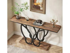 Mesa de console de 140 cm, Mesa de entrada com moldura em metal em formato de borboleta, Mesa de sofá, Mesas auxiliares longas e estreitas, Marrom e Preto