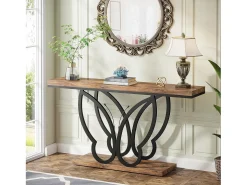 Mesa de console de 140 cm, Mesa de entrada com moldura em metal em formato de borboleta, Mesa de sofá, Mesas auxiliares longas e estreitas, Marrom e Preto
