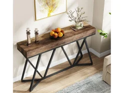 Mesa de Console de 140 cm, Mesa de entrada em madeira com base em metal única, Mesa baixa, Mesa de lareira