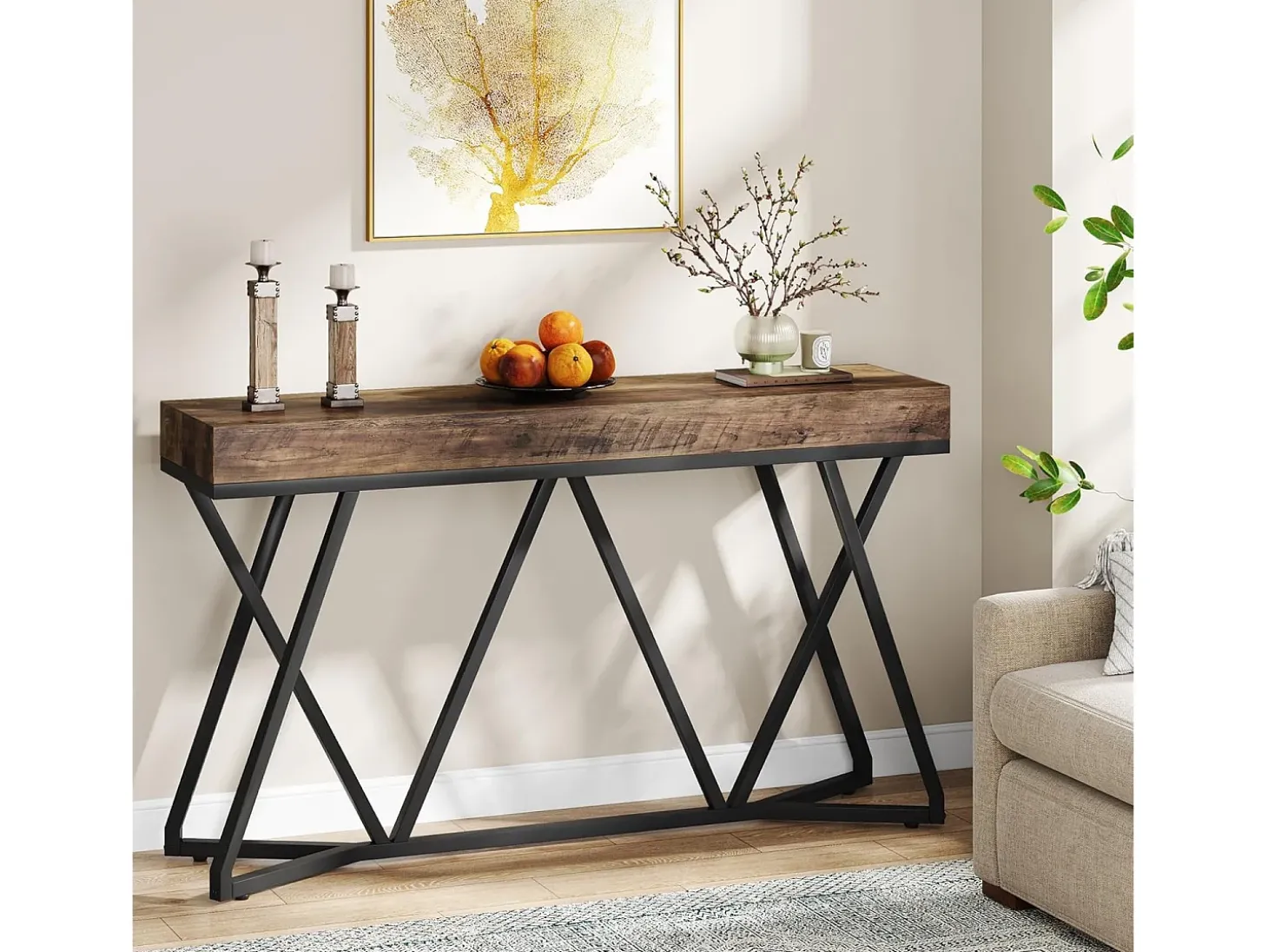 Mesa de Console de 140 cm, Mesa de entrada em madeira com base em metal única, Mesa baixa, Mesa de lareira