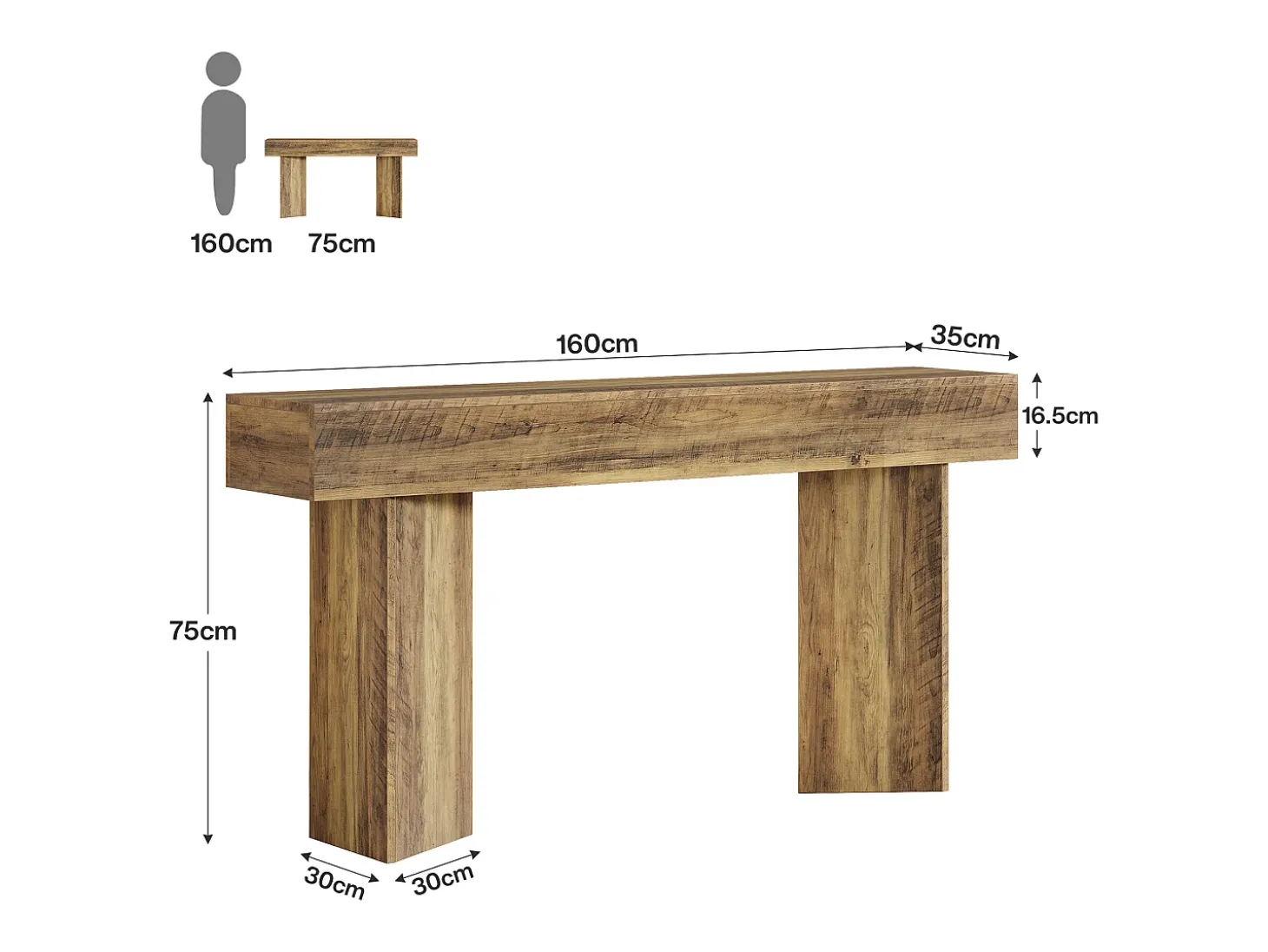 Mesa de console de 160 cm para entrada MDF Rustic Brown de fazenda