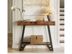 Mesa de Console de 103cm com Quadro Metálico Geométrico, Mesas de Entrada, Prateleiras de Armazenamento, 2 Camadas