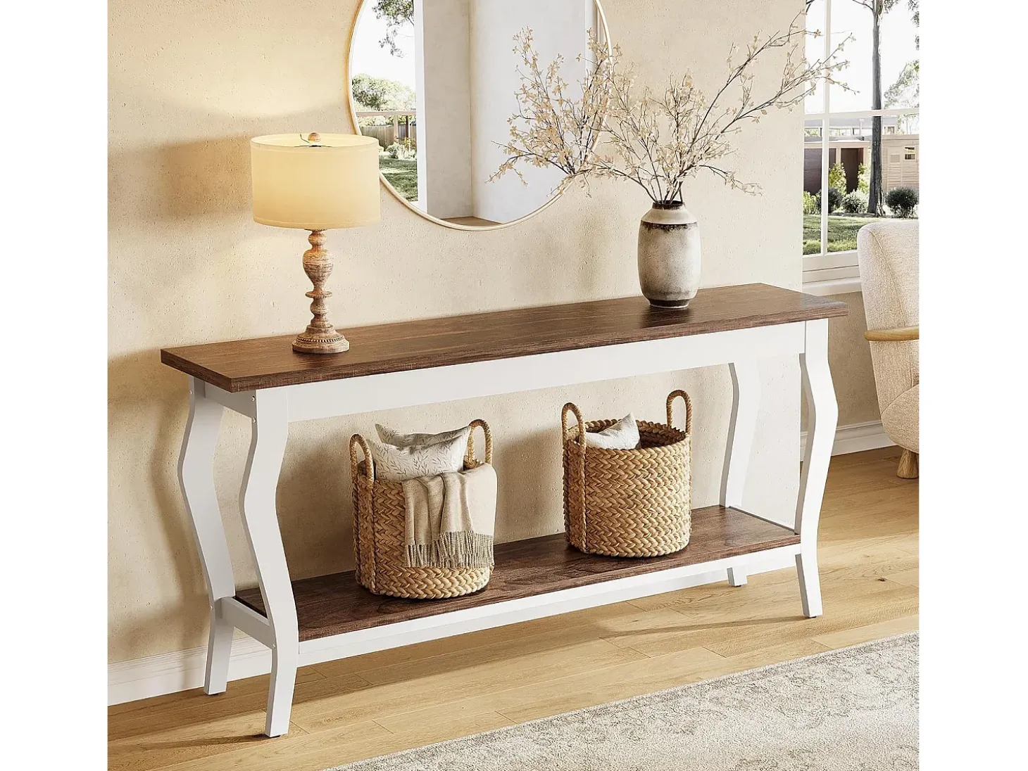 Mesa de Console de 180cm de Comprimento, Mesa de Sofá Vintage de 2 Camadas Behind The Couch