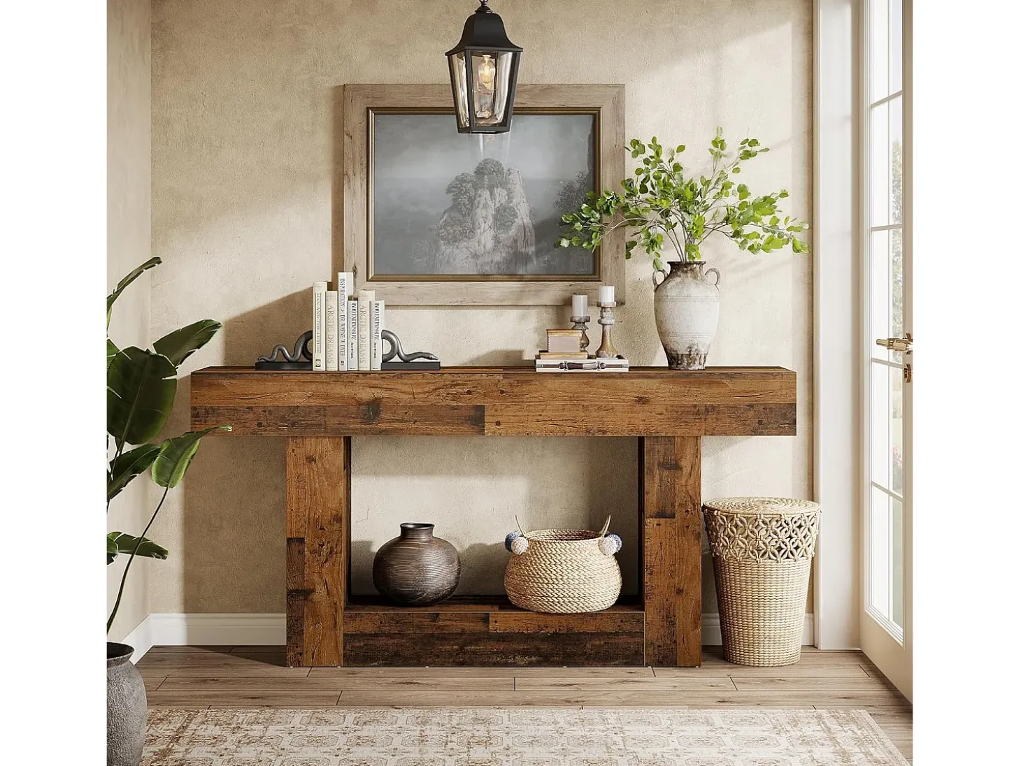 Mesa de Console de 160cm, Mesa de Entrada Rural de 2 Camadas com Base em Forma de U