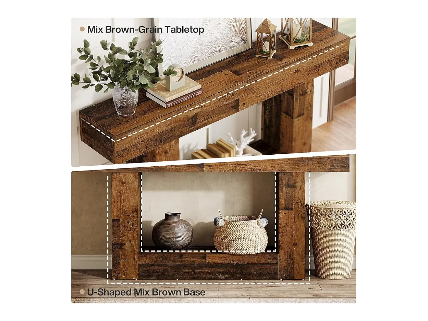 Mesa de Console de 160cm, Mesa de Entrada Rural de 2 Camadas com Base em Forma de U