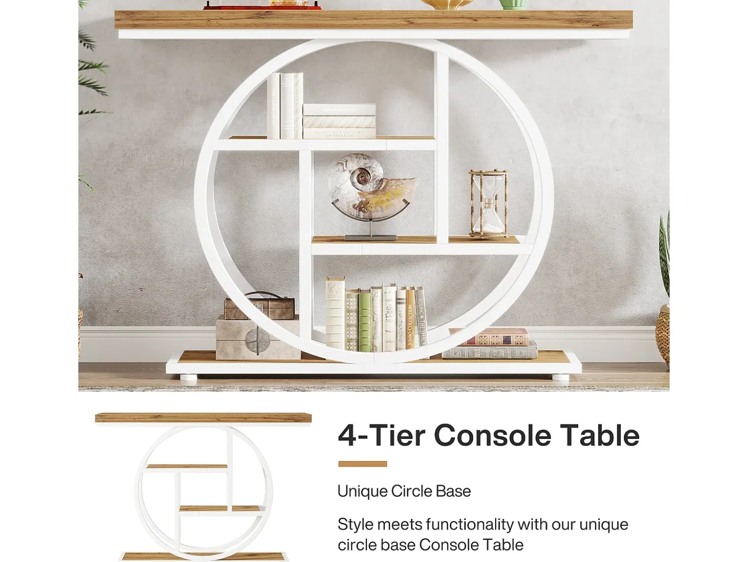 Mesa de Console de 105cm, Mesa de Sofá Industrial de 4 Andares com Base Circular para Entrada